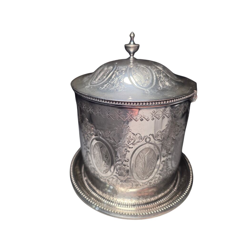 Antique Victorian EPNS Silver Plate Biscuit Barrel - Wheat & Floral Motif